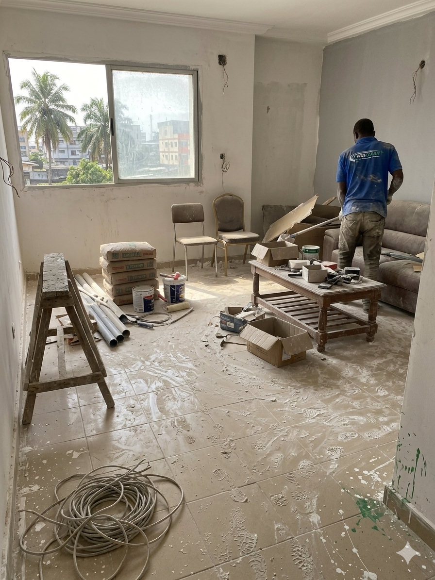 Vue avant – pièce encombrée, sols poussiéreux, résidus de peinture sur les plinthes