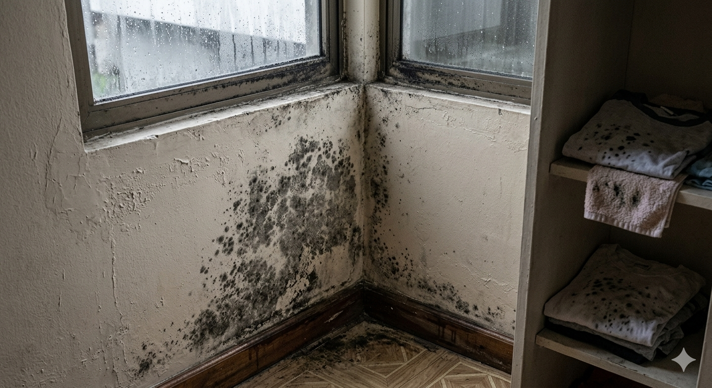 Image 1 : Vue avant – murs couverts de moisissures noires, odeur de renfermé